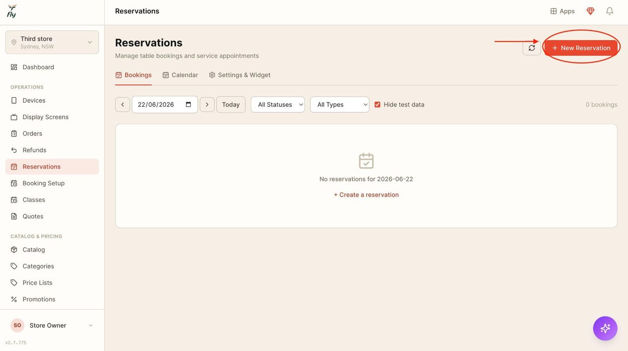 Press on ‘New reservation’ in the top right corner.