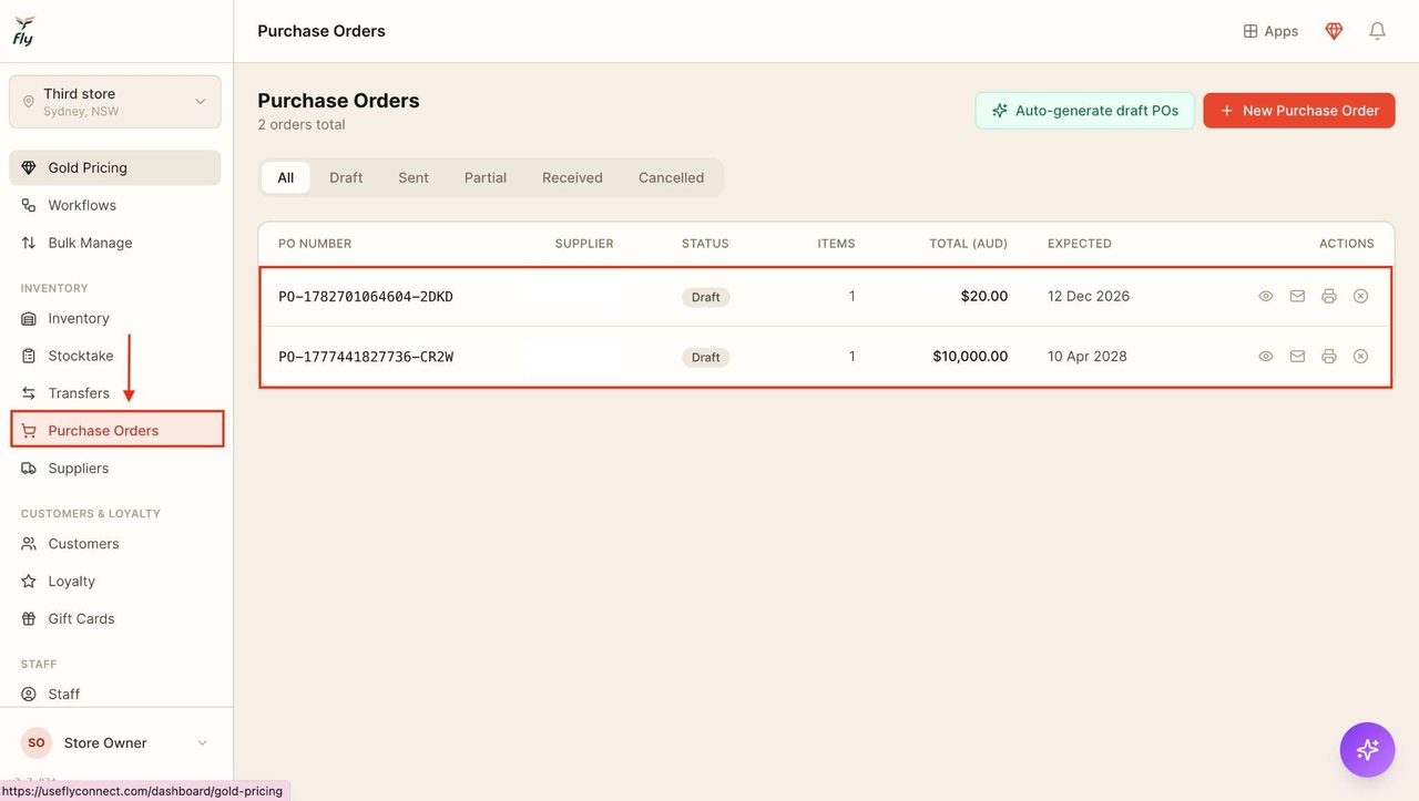 Existing purchase orders will appear.