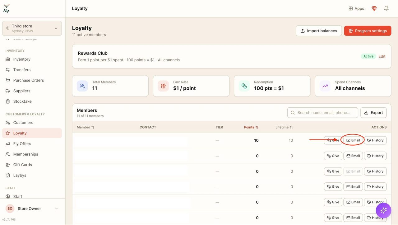 To send an email to a customer that states the amount of points they have, click on ‘Email '.