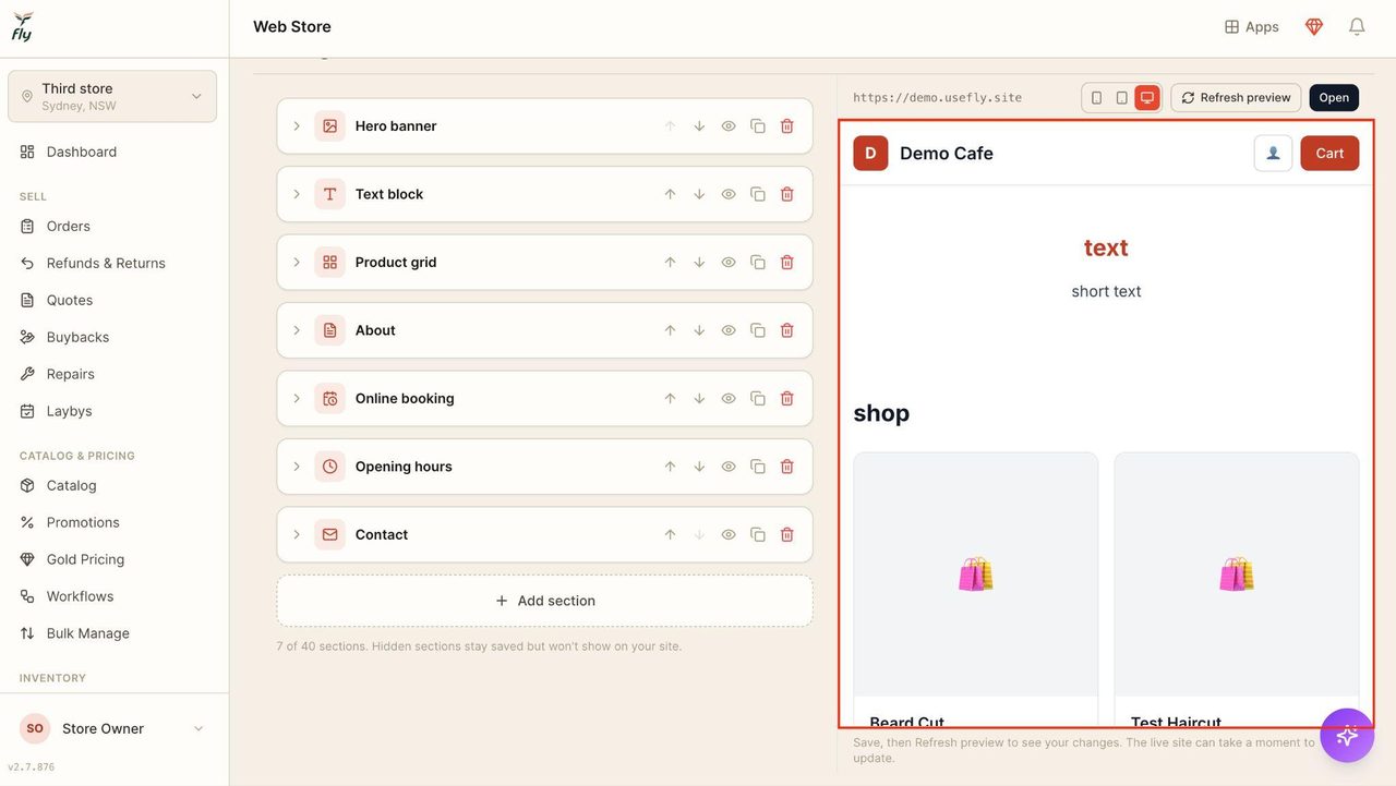 On the right is the live image of the website as the components get added.