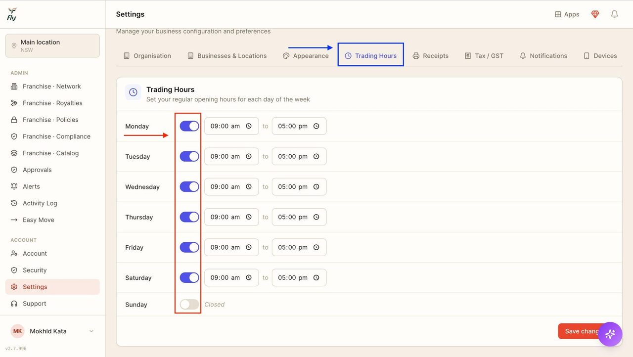 In trading hours, toggle on which days the business will be open.