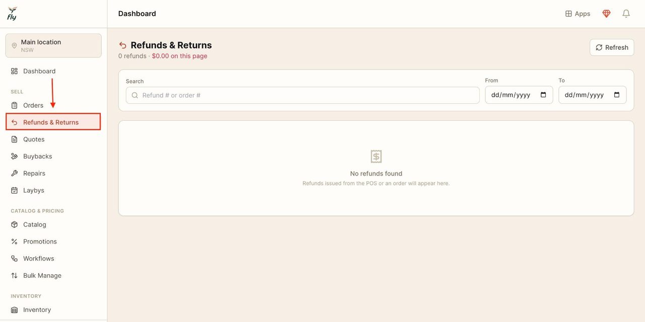 Locate ‘Refunds & Returns’ in the sidebar.