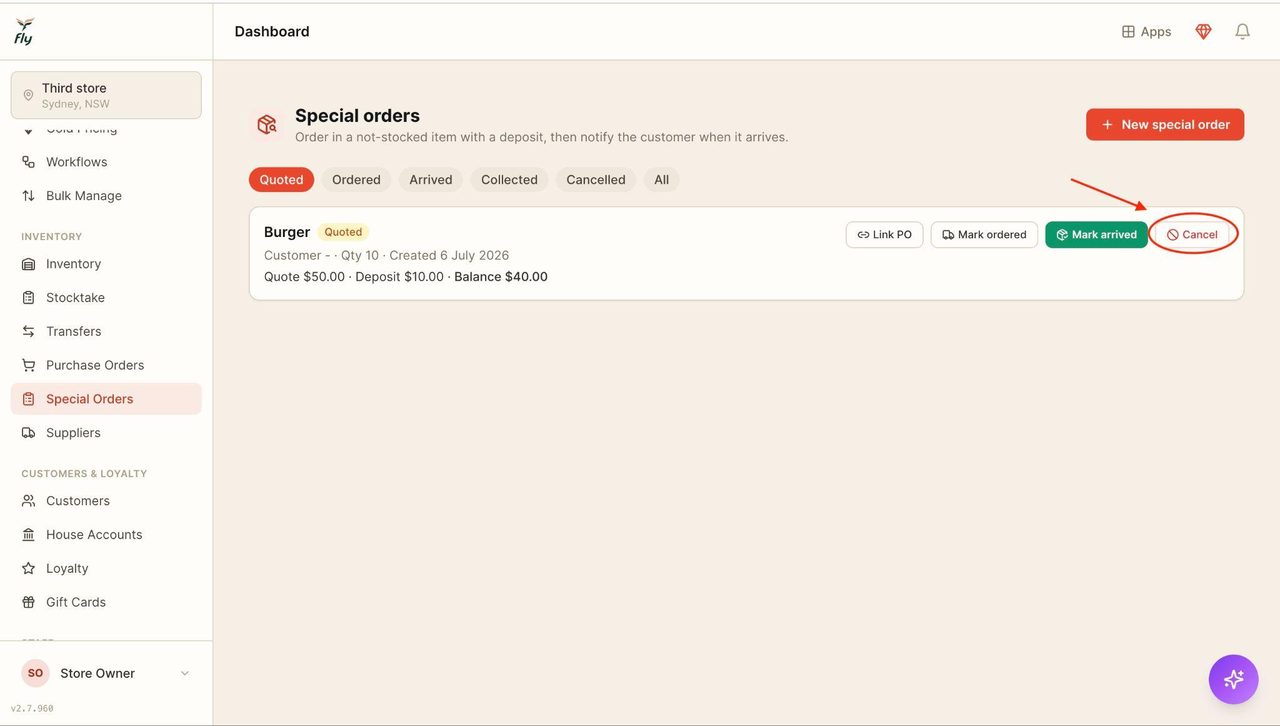 To cancel an order, press ‘Cancel’.
