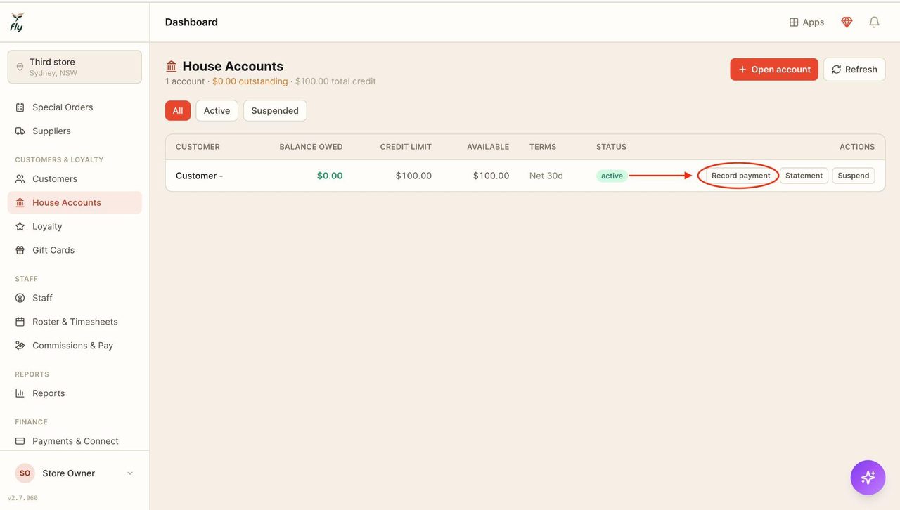 To record payment for an existing account, press ‘Record payment’.