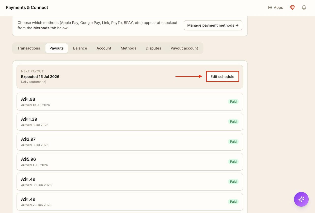 Press the button on the right to edit the schedule of the payout.
