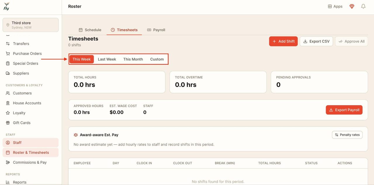 Use the bar below ‘timesheets’ to filter through the timesheets.
