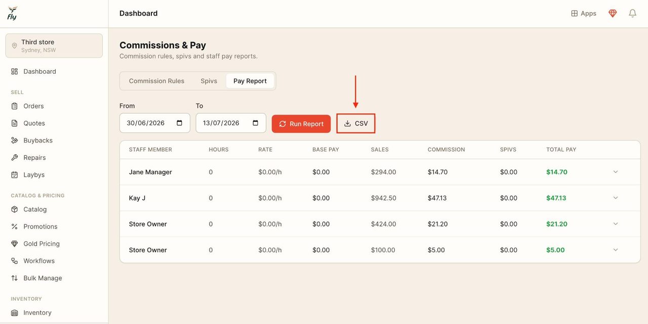 Export the pay report as a CSV by pressing on the CSV button.