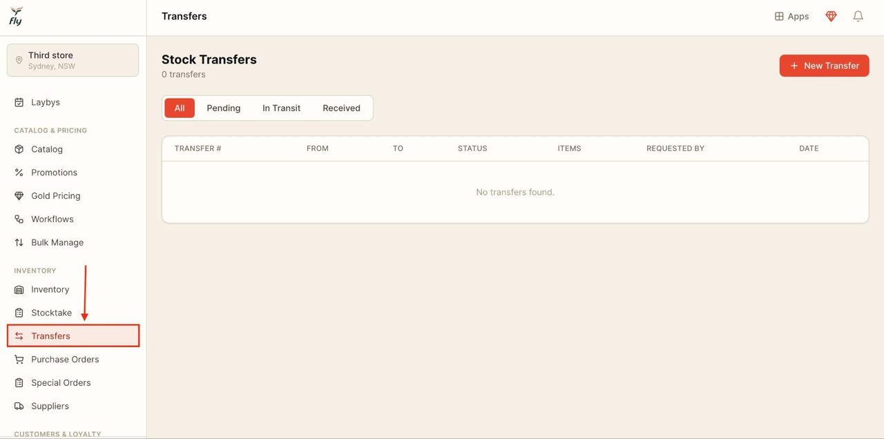 Locate ‘Transfers' in the sidebar under ‘Inventory’.