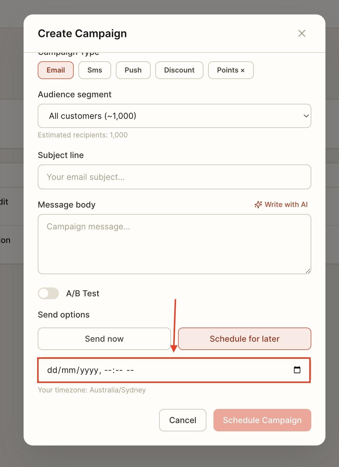 When picking send later, schedule the date of when the campaign will be sent out.
