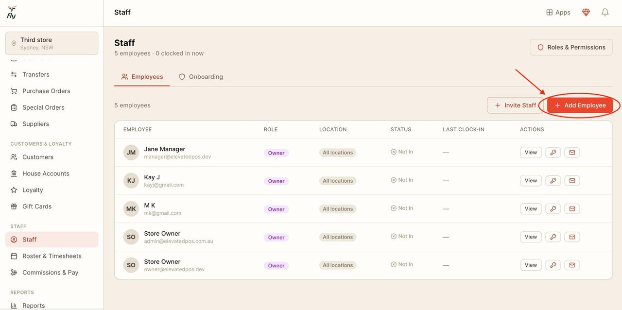 Select ‘Add employee’ to add a new staff member.