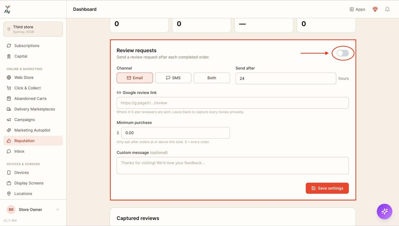 Toggling this one will automate for review requests to be sent out to customers after each completed order.