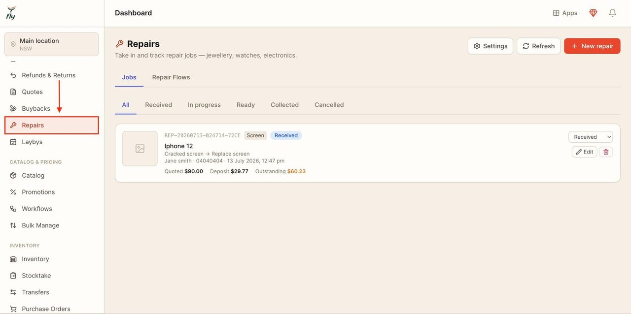 Locate repairs in the sidebar under ‘sell’.