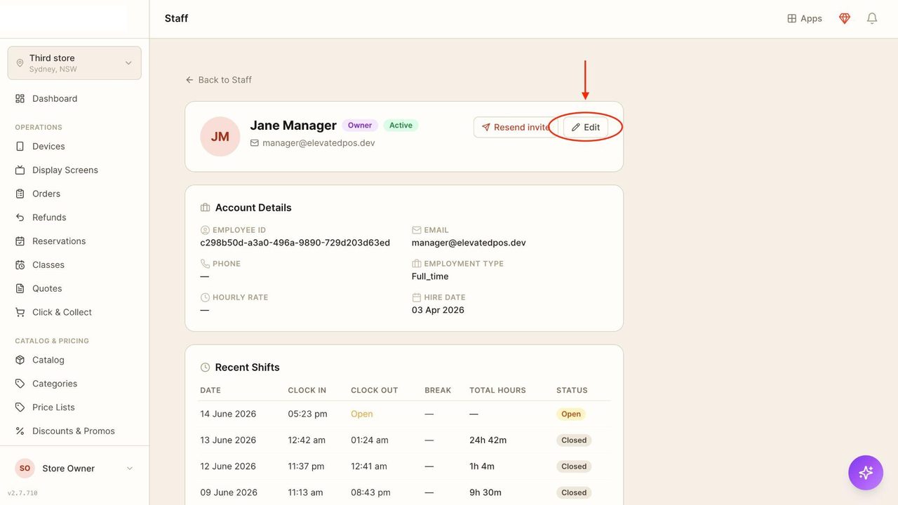 To make more changes to the staff member’s details, select ‘Edit’
