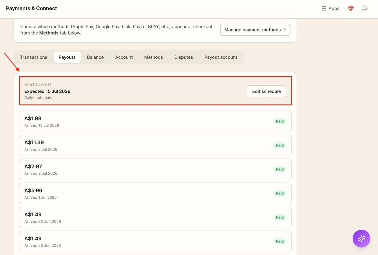 The next scheduled payout will appear at the very top.