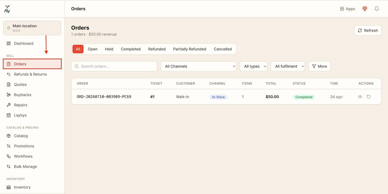 Locate ‘Orders’ in the sidebar.