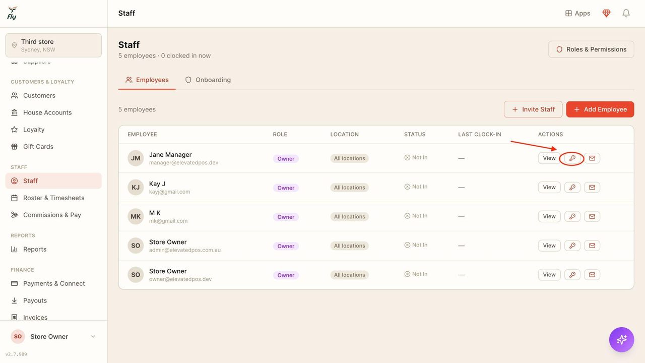 To create or edit an existing PIN for a staff member, click on the key on the right side.