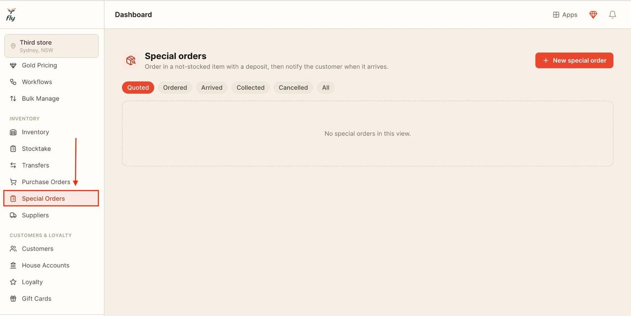 Locate ‘Special orders’ under ‘Inventory’ in the sidebar.