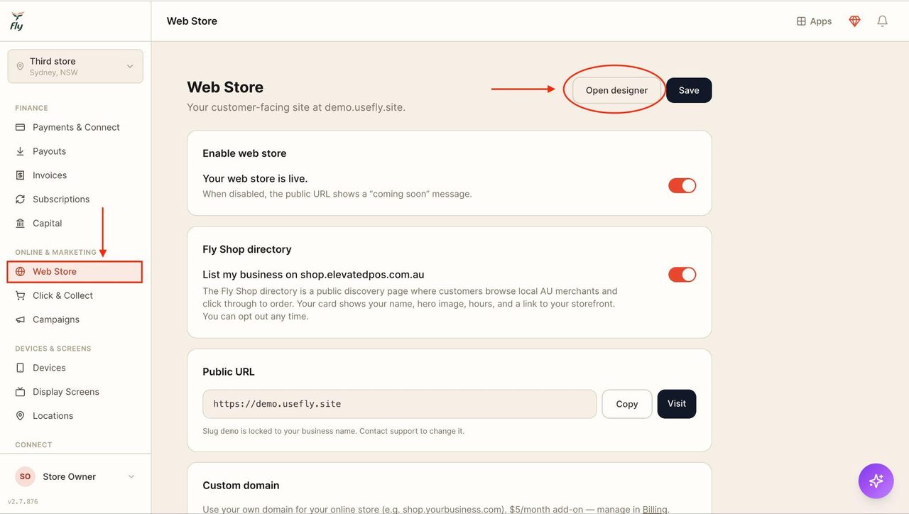 Create a unique website by clicking on ‘Open designer’ on the right side.
