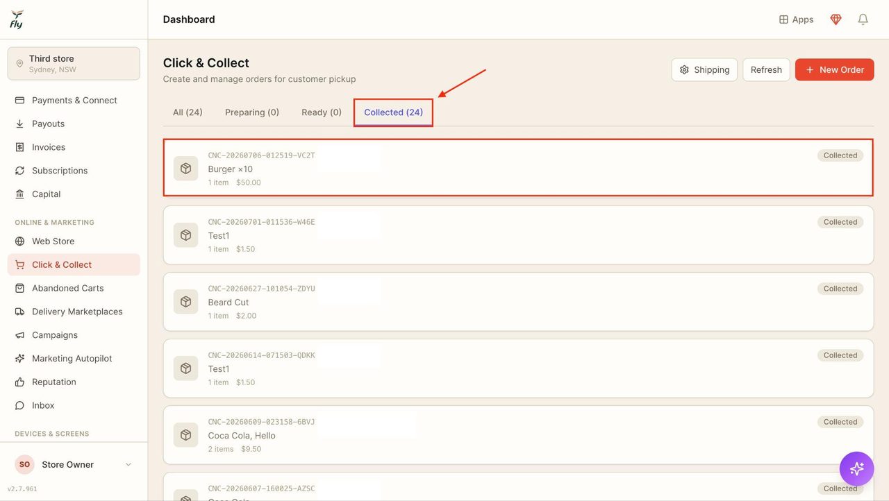 This will move the order to the ‘Collected’ tab.