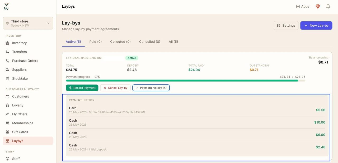 Clicking on payment history will show a summary of past payments.