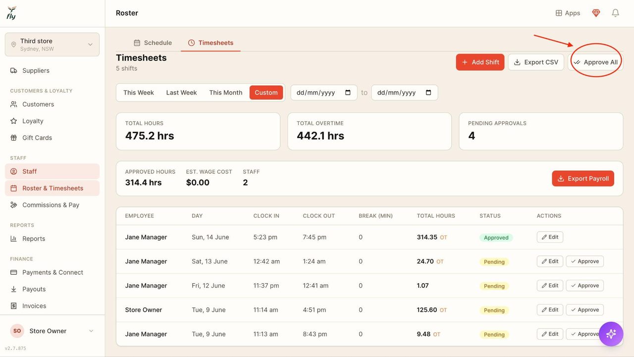 Click ‘Approve All’ to approve all the timesheets at once.