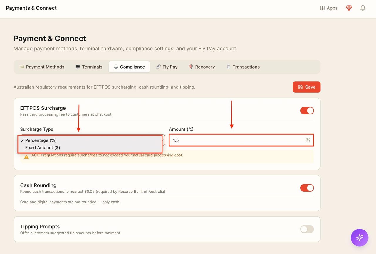 For EFTPOS surcharge, choose a surcharge type from the drop-down menu, and enter a rate.