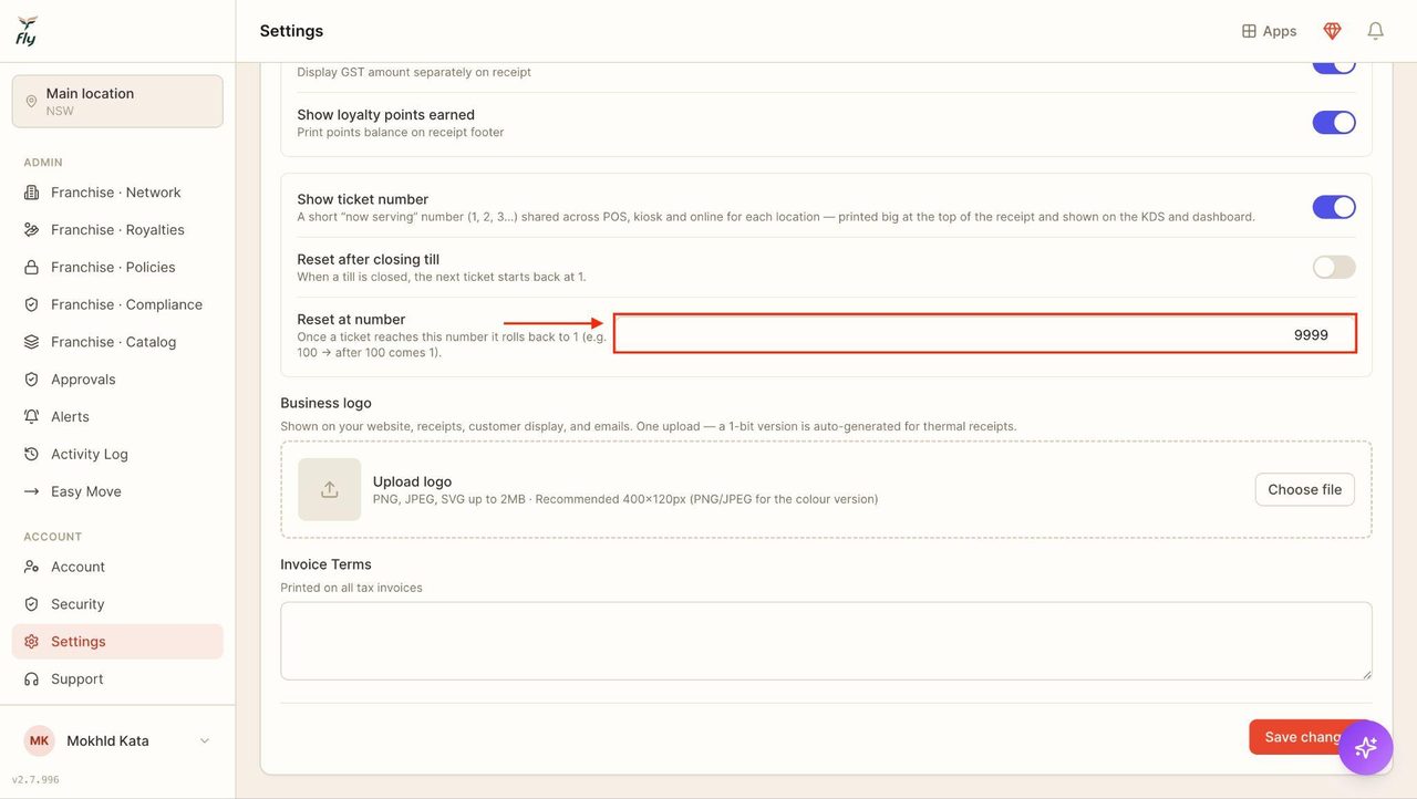 Enter a reset number for the receipts limit.