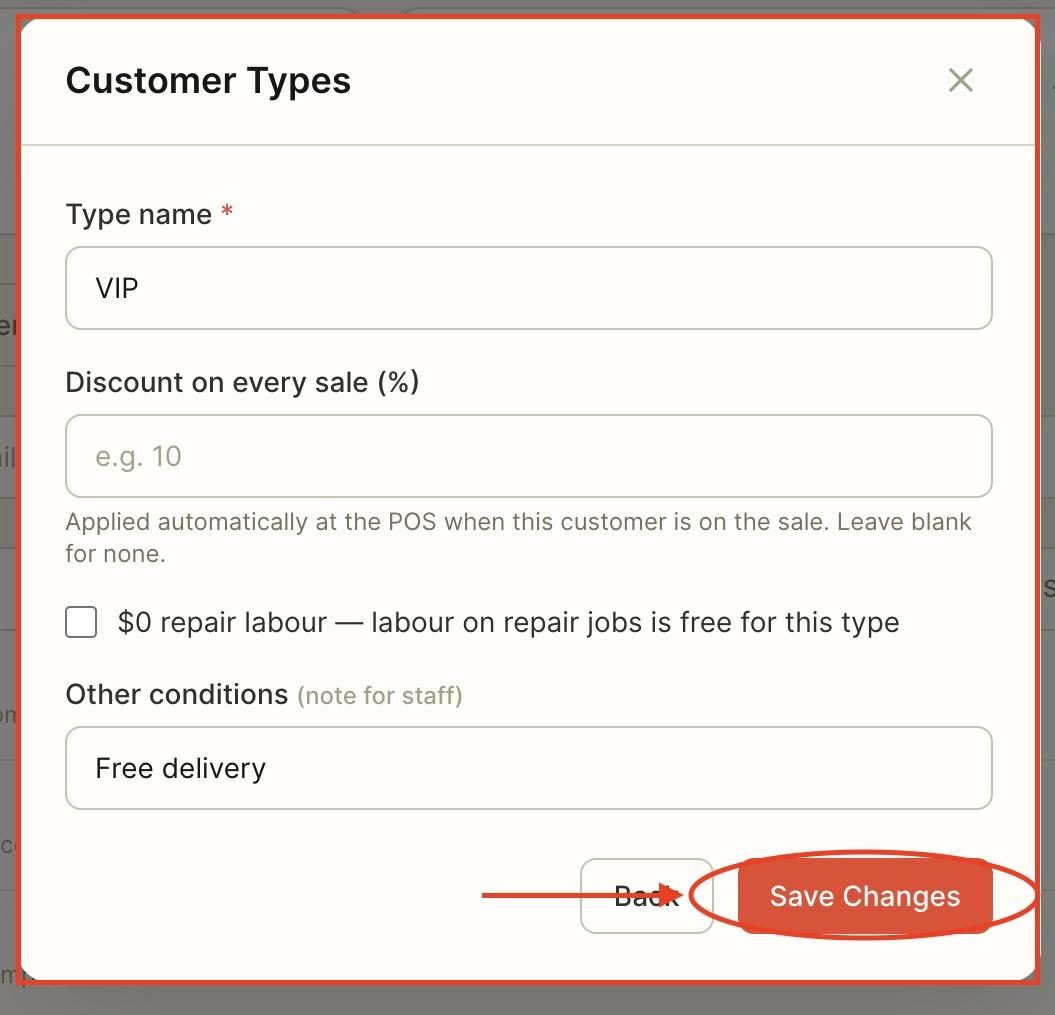 Make the desired changes to the customer type, then click ‘save changes’