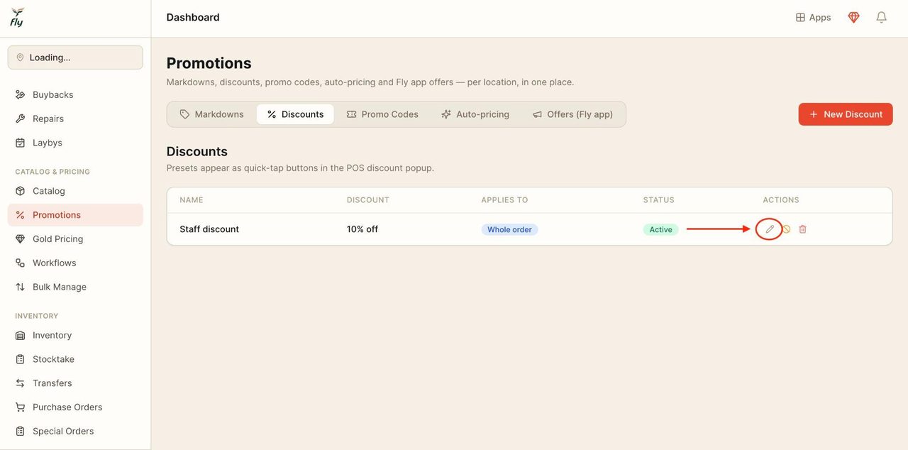To edit an existing discount, press on the button icon on the right.