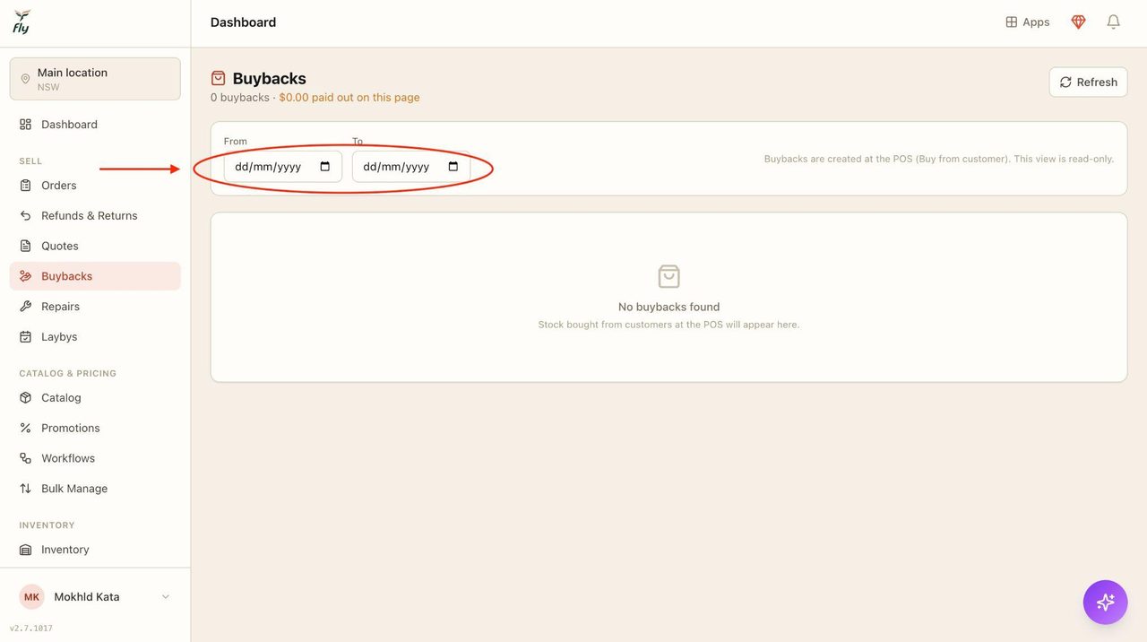 Use the two date search bars circled in red to filter through the buybacks.