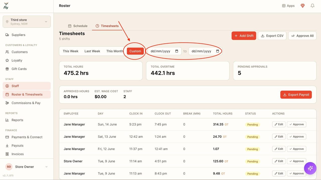 OPTIONALLY: Go to Custom and use the date-to-date search bars to find specific timesheets.