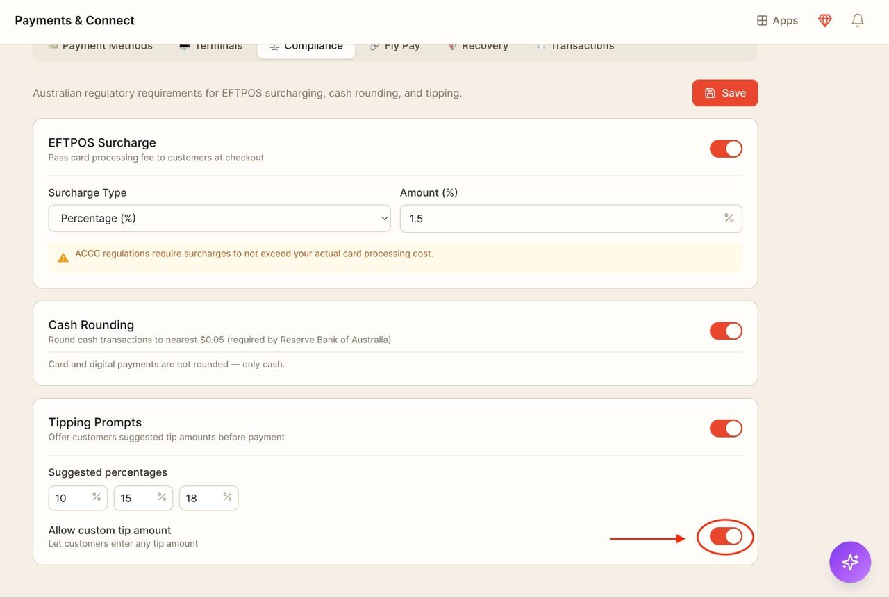To allow customers to enter their preferred amount for tipping, toggle on the button below.