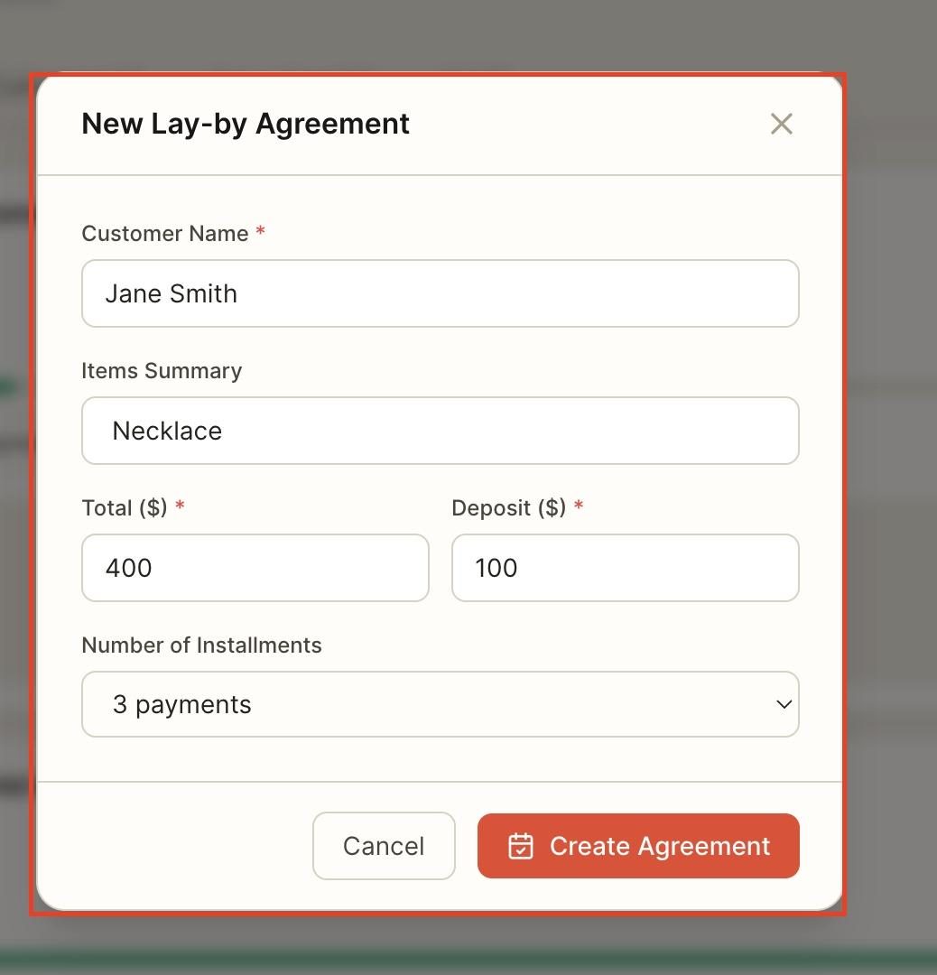 Fill in the details for the layby agreement.