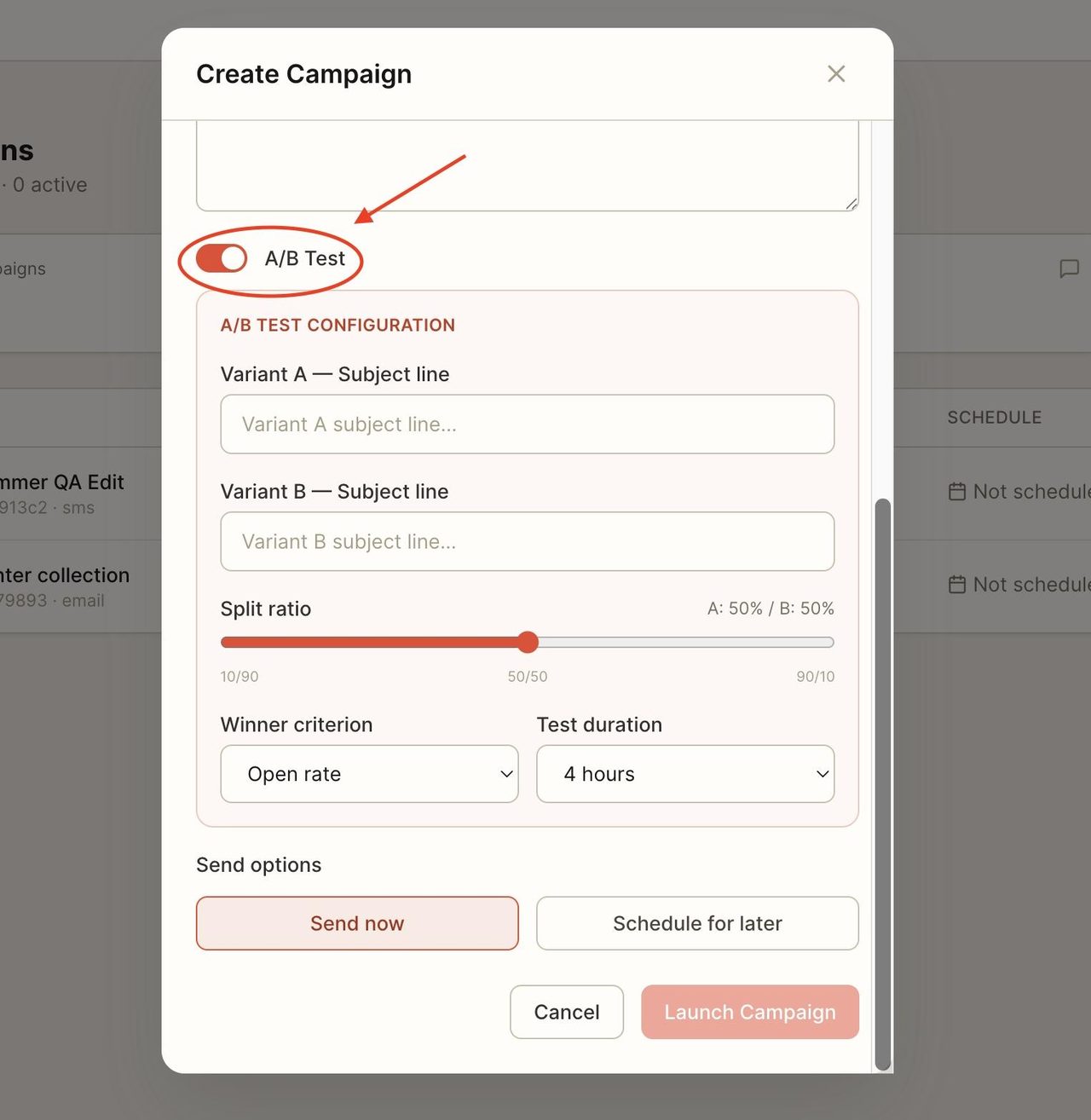 Toggle on the A/B Test button for two different kinds of campaigns.
