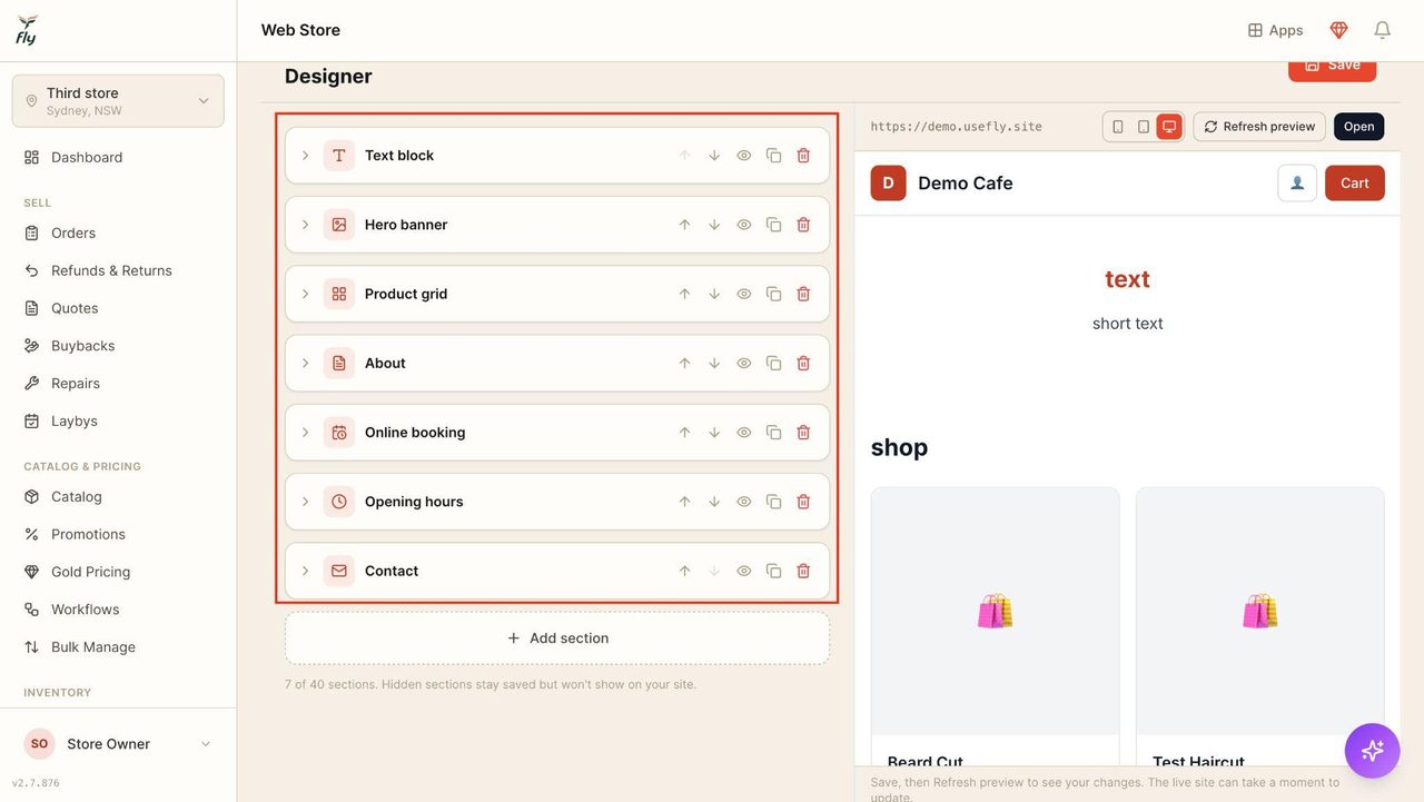 On the left, are the many different components that can be added to the website.