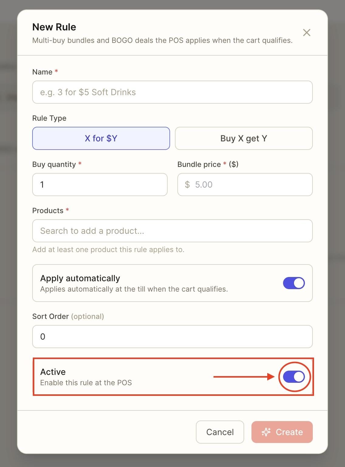 To ensure the rule applies at the POS, toggle off the ‘Active’ button.