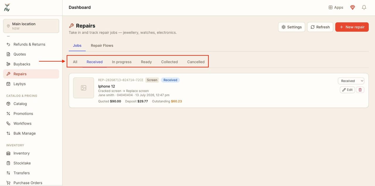 Use the different tabs to find the existing repair job.