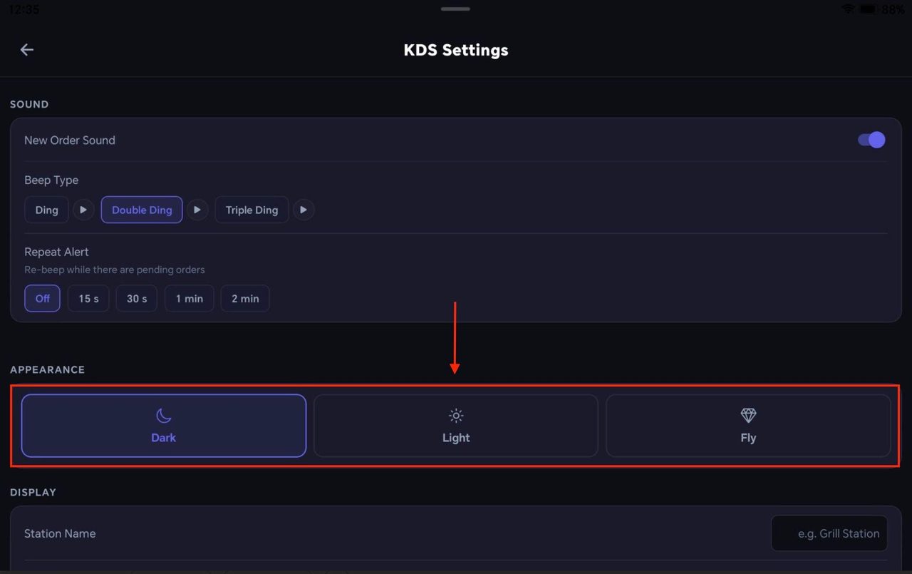 To change the appearance of the KDS, select one of the three appearance modes.