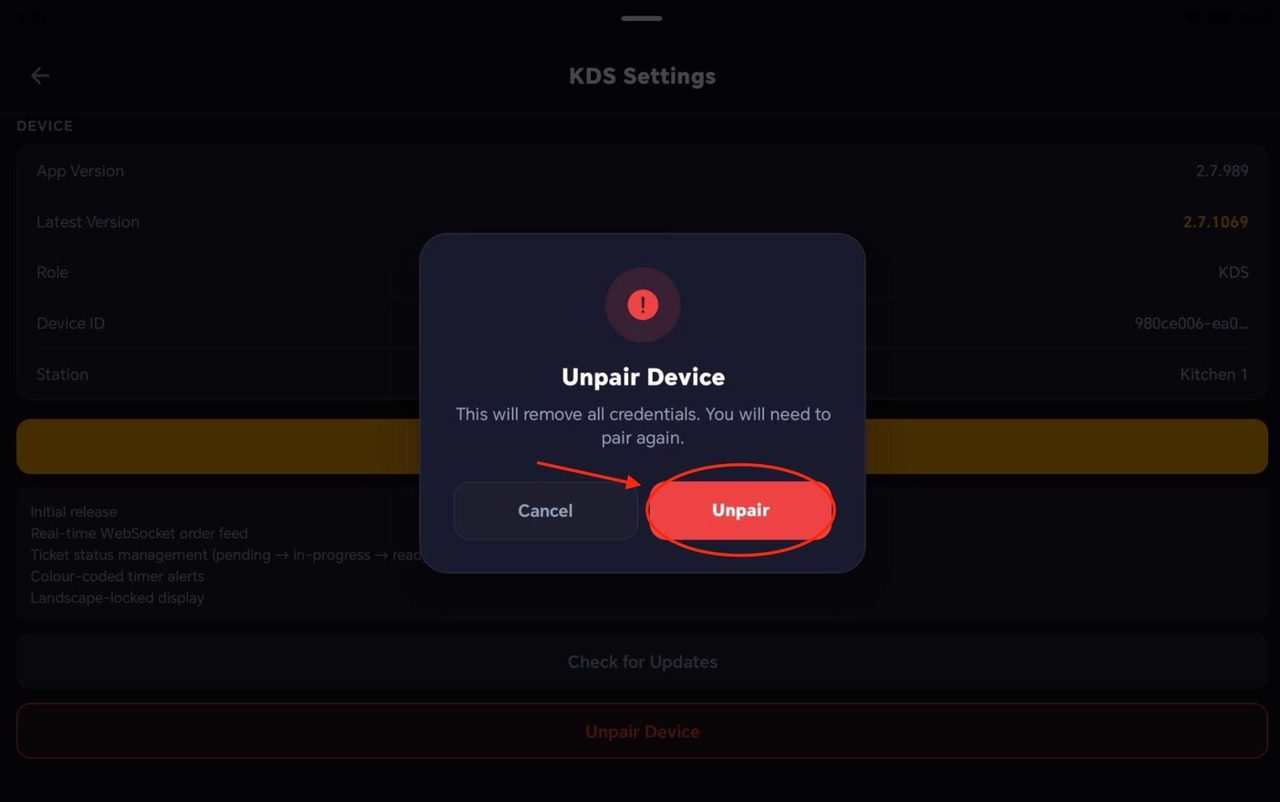 Once COMPLETELY sure you wish to unpair the device, press ‘Unpair’.