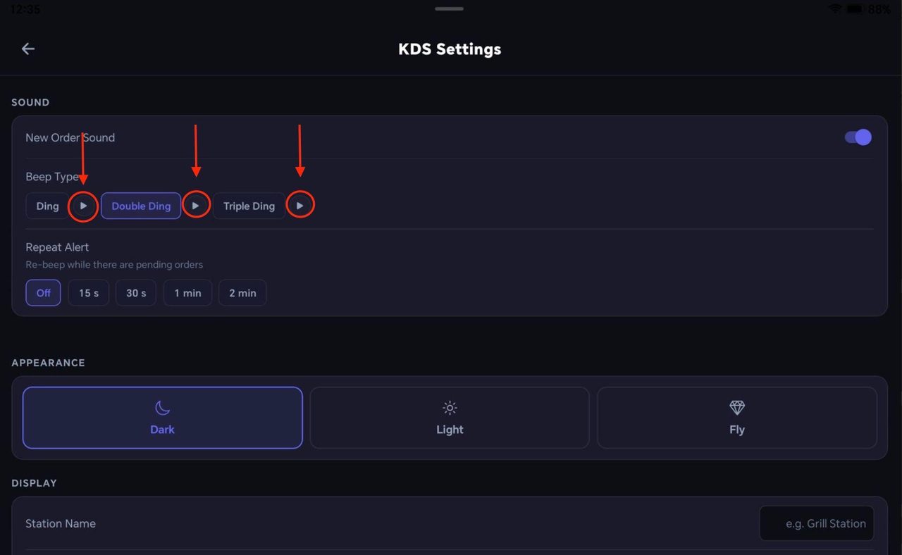 The play button next to each sound allows you to play the sound.