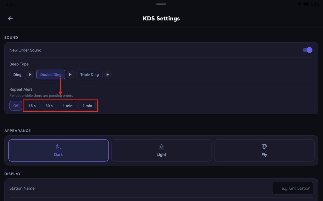 For a repeat alert, select how often the device re-beeps when there are pending orders.