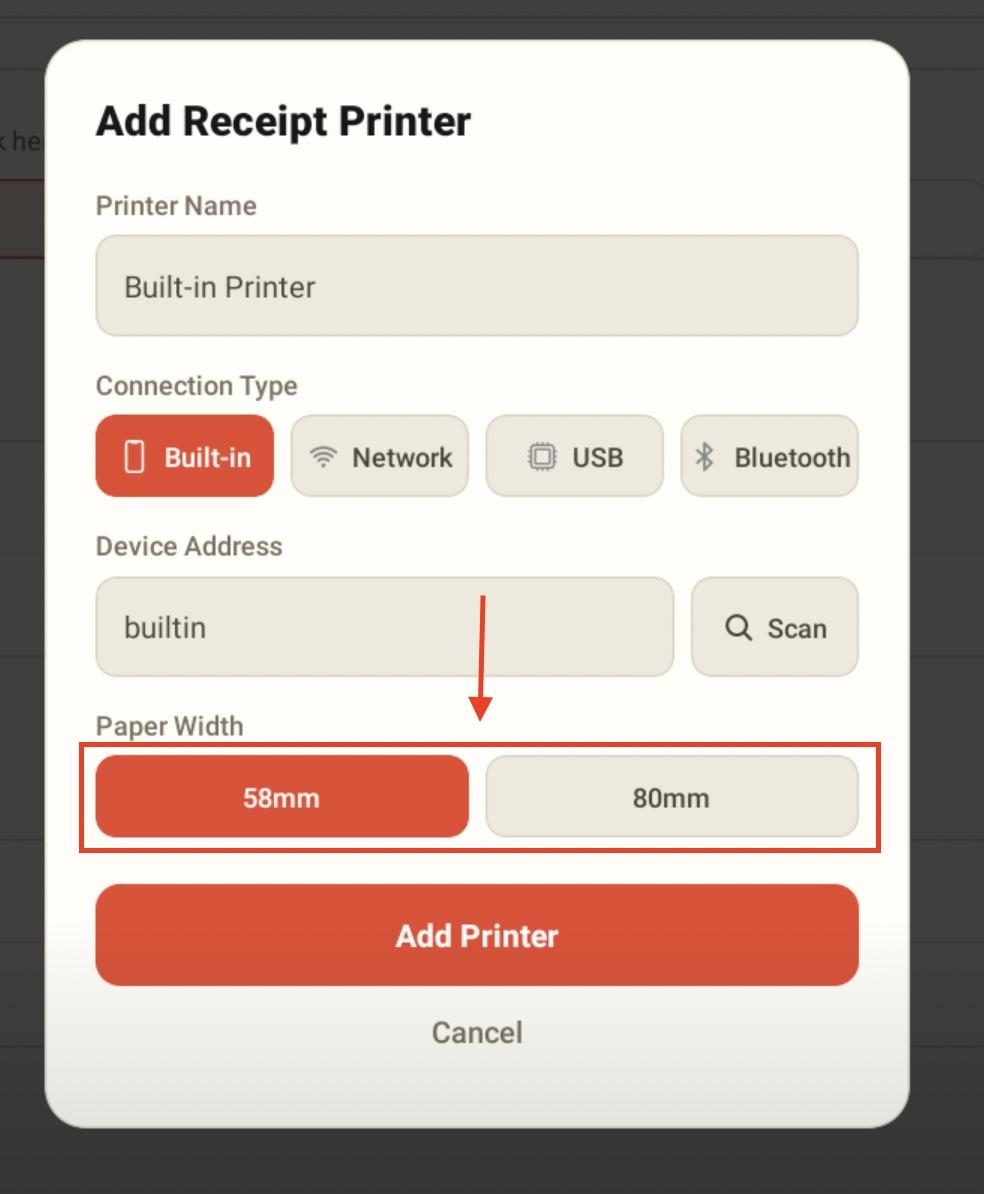 Pick the paper width for the receipt.