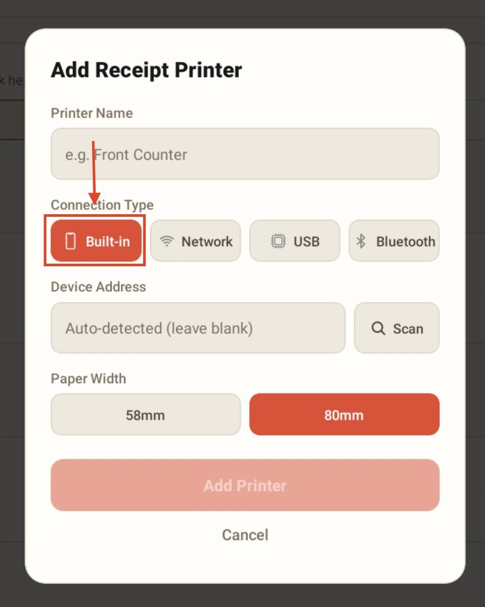 Pick Built-in for the connection type.