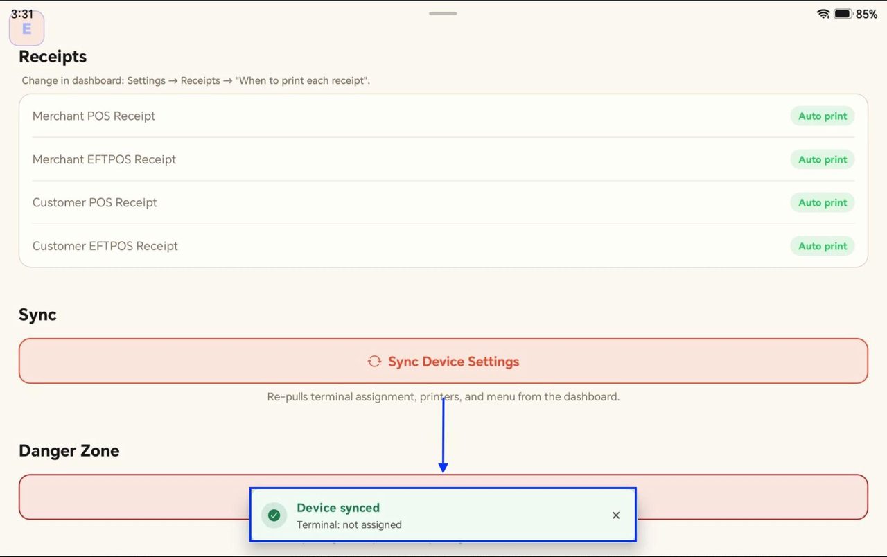 This will then show a notification that the device settings have been synced.