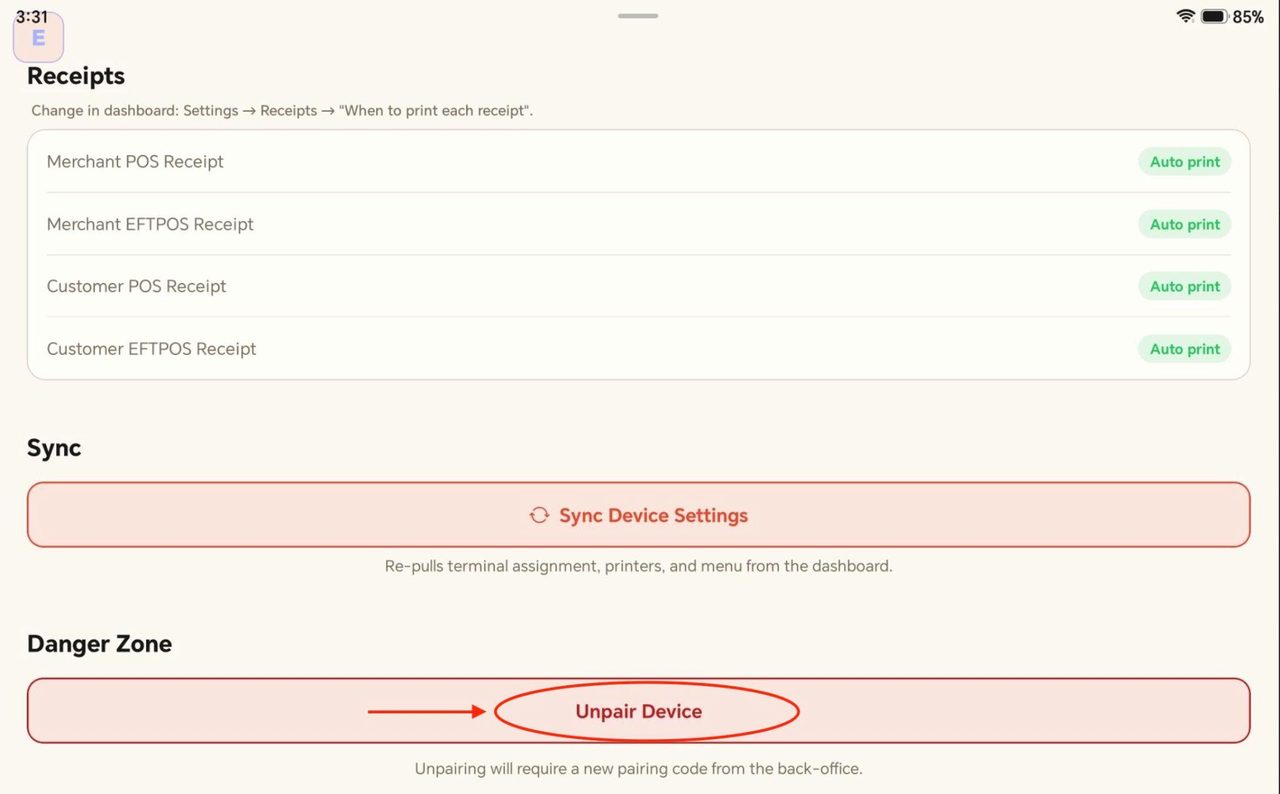 Pressing this button will unpair the device.