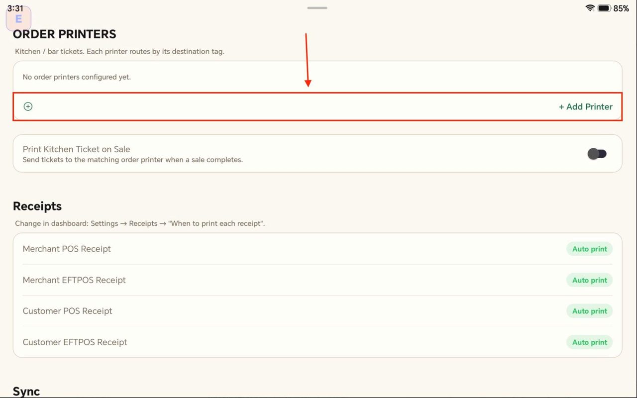 Add a new order printer by pressing on the button below.
