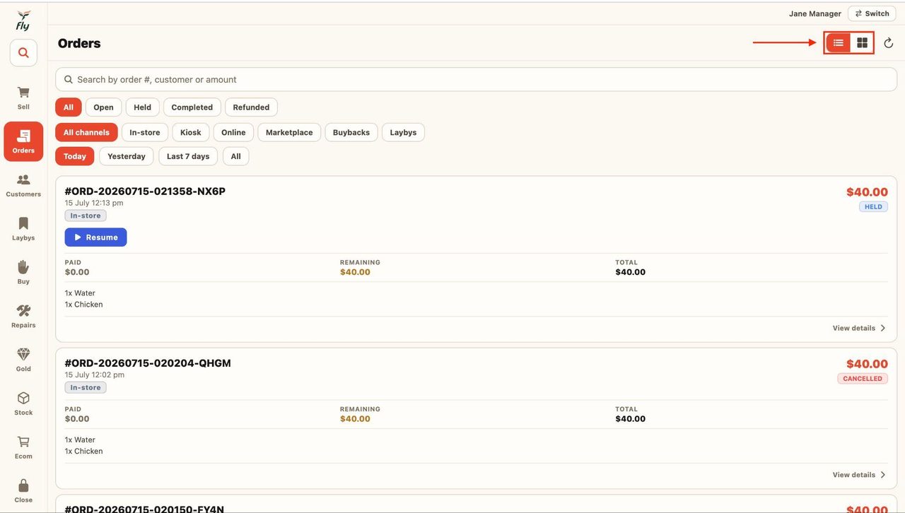 Switch the orders view by clicking on the buttons at the top.