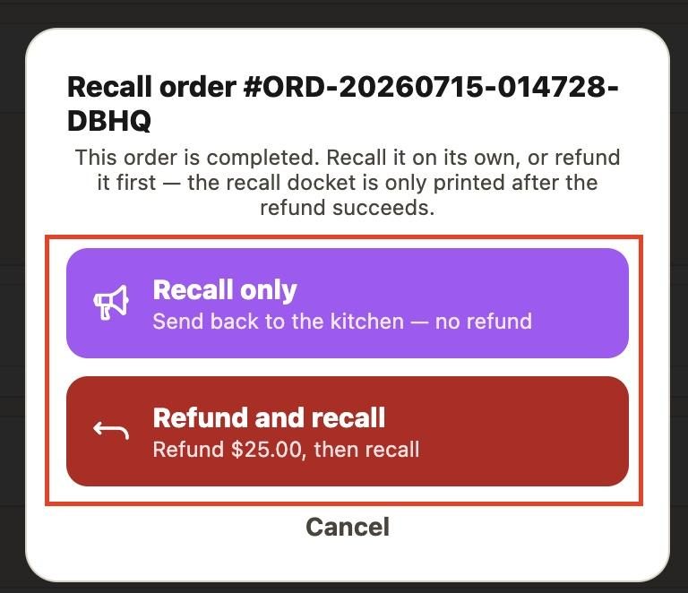 This gives the option to refund and recall or recall only.