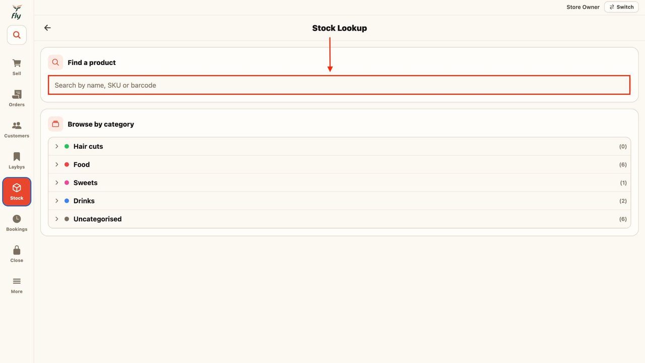 Use the search by to search for a specific item through name, SKU or barcode.