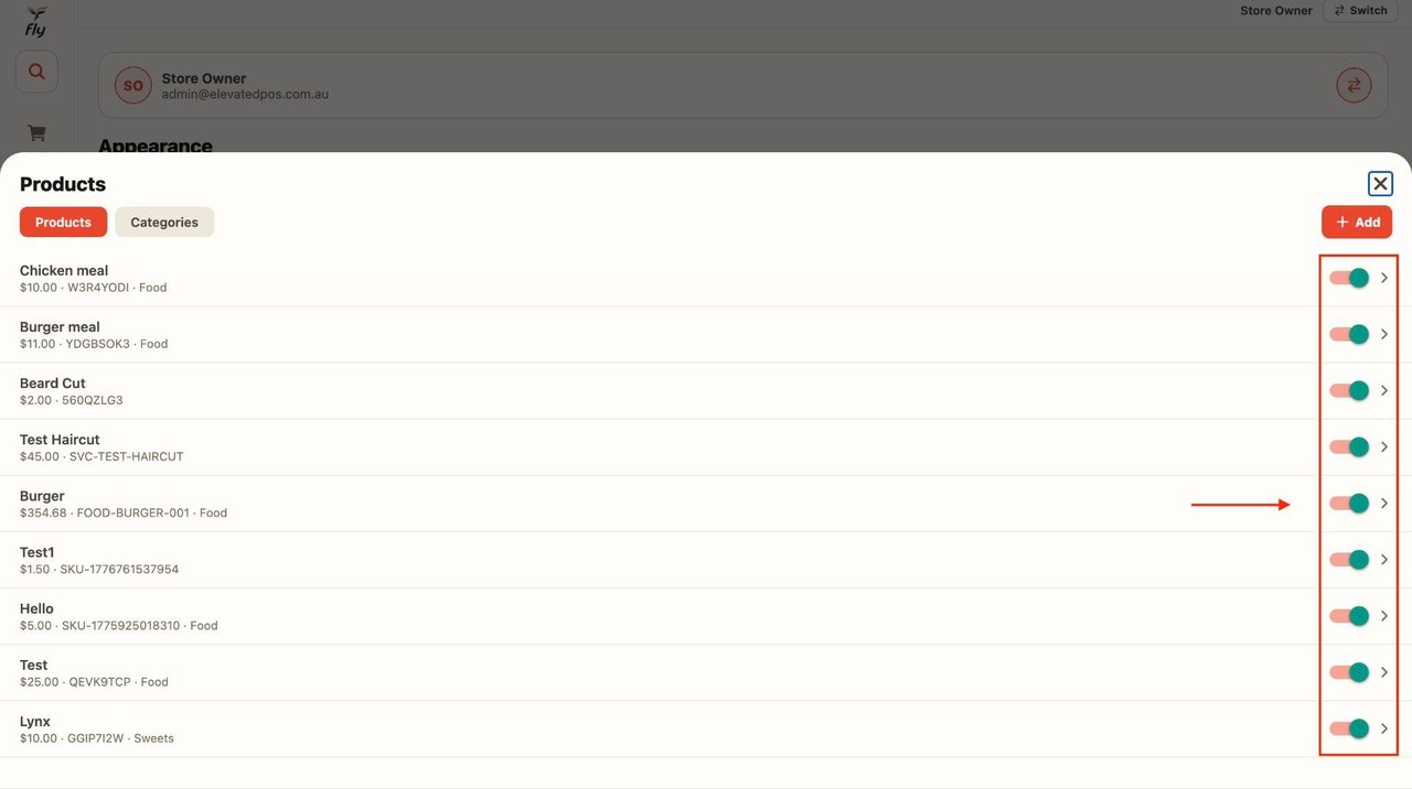 The toggles are used to indicate whether the product is enabled for selling.